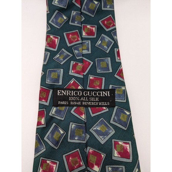 Enrico Guccini Men's Necktie Green Blue Red Geometric Print 100% Silk Tie Italy - Picture 2 of 5